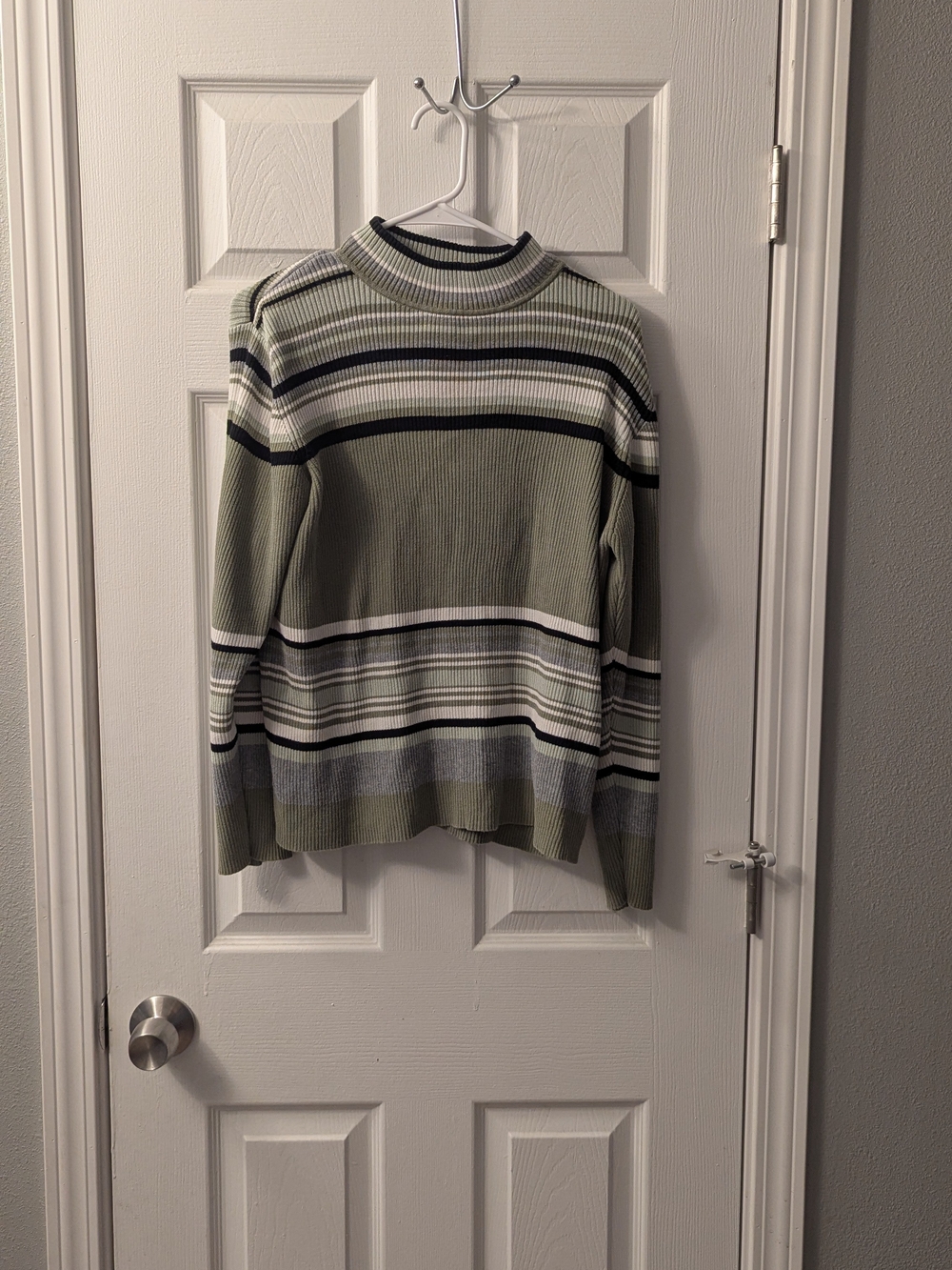 Karen Scott Olive Green Striped Crewneck Sweater